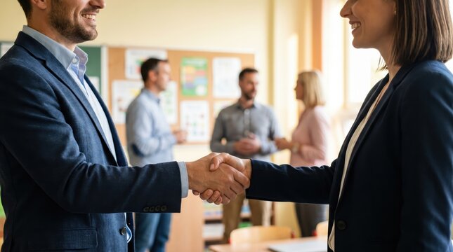 Professional man and woman shaking hands in a classroom setting for teacher recruitment or educational partnership