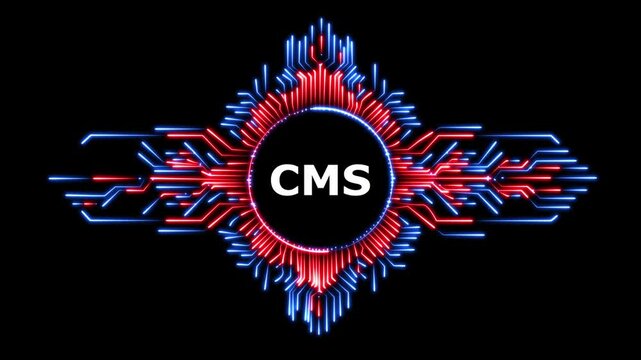 Cms content management system digital display with circuit board pattern blue red neon.