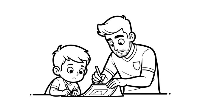 Father and son working together on homework project.