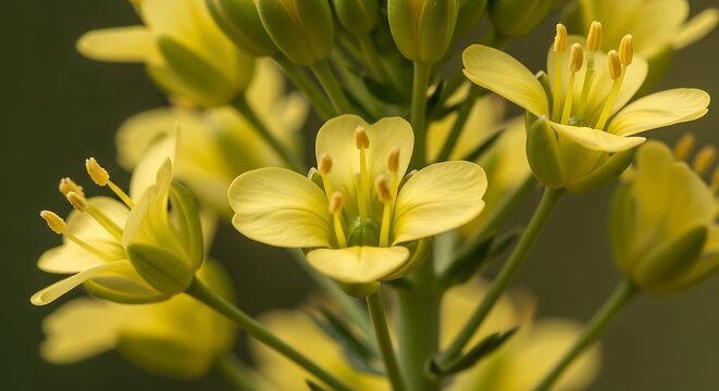 Macro photography of Camelina sativa flowers showing yellow petals and green buds in a field with a soft background representing sustainable agriculture