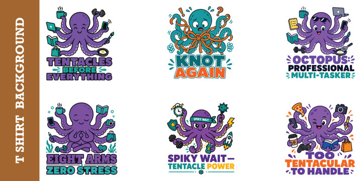 Purple octopus mascot set illustrating multi tasking skills and stress management quotes.