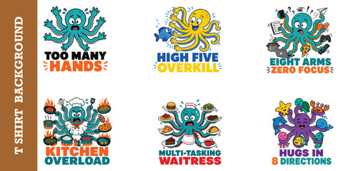 Funny octopus characters set with multiple arms and multitasking chaos in daily life tasks. © jubayer95