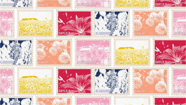 Vintage-style flower stamps with a seamless pattern 