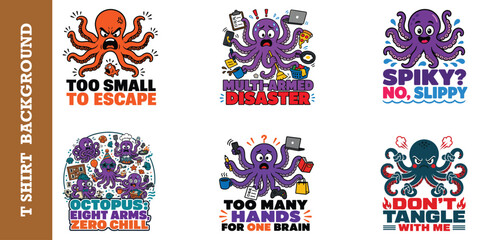Angry and funny octopus characters set with aggressive postures and stressful life situations. © jubayer95