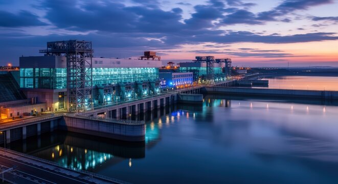 Spectacular View of a Modern Hydroelectric Dam Facility Glowing at Twilight with Dynamic Lighting and Reflections