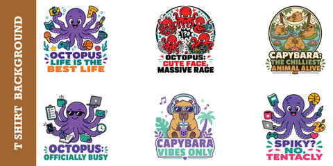 Cute but tentacular t-shirt design, adorable octopus with many arms and items. © jubayer95