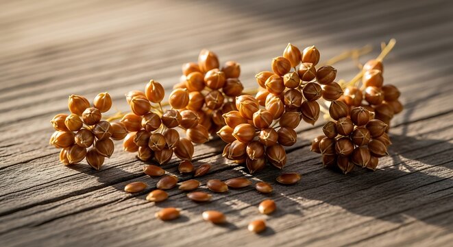 Camelina sativa pods and seeds scattered on a weathered wooden background, a rustic composition showcasing raw oilseed crop plants for agricultural use