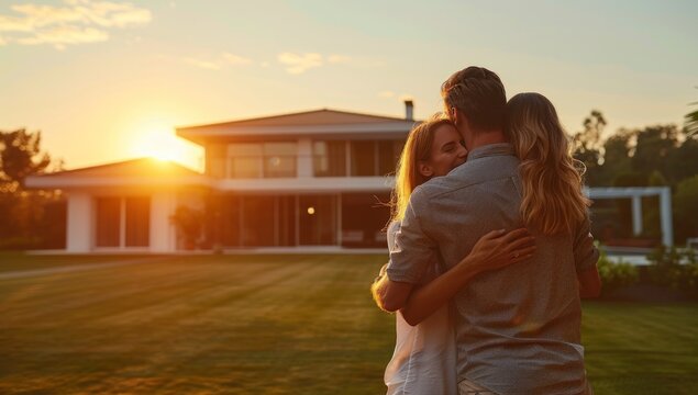 Loving family embrace in their spacious backyard, modern house, glowing sunset