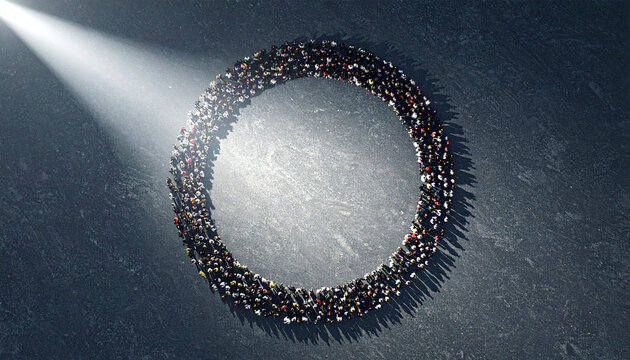 Circle of Unity: A diverse group of people forming a perfect circle, bathed in a dramatic spotlight, symbolizing connection and collective strength.