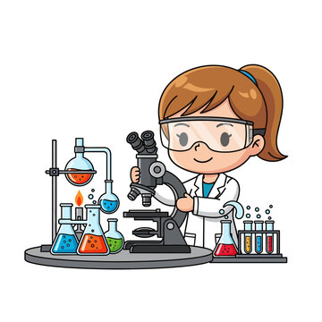 Scientist girl working with microscope and lab equipment cartoon