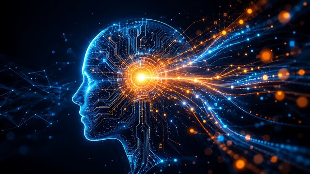 Abstract digital human head with glowing data streams flowing outwards representing artificial intelligence and technology