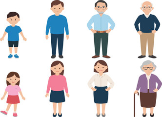 Fototapeta premium Cartoon vector illustration of family members showing different ages and generations from children to elderly adults isolated on white background