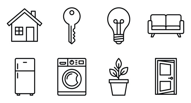 Set of eight black outline icons for home appliances furniture and house elements on transparent background.