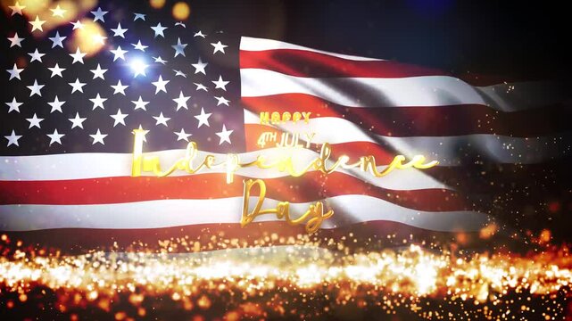 Happy Independent Day golden text with USA flag waving in wind and flare light gold particles animation cinematic title on black abstract background  