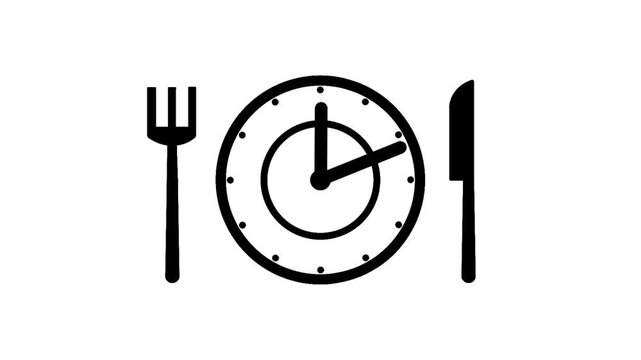 Lunch break time concept featuring a plate silhouette placed between a fork and knife with spinning clock hands. Visual representation of meal schedule, rest period, and time management.