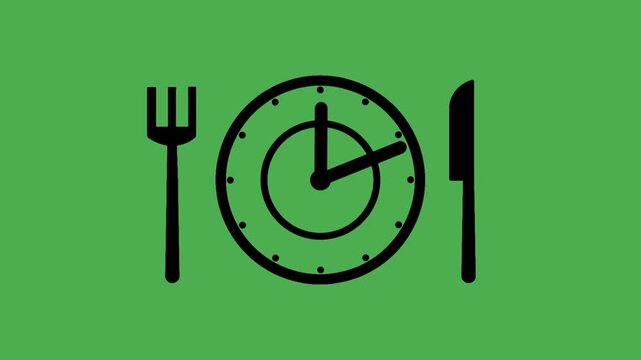 Lunch break time concept featuring a plate silhouette placed between a fork and knife with spinning clock hands. Visual representation of meal schedule, rest period, and time management.