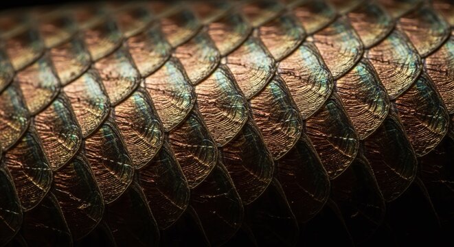 Close-up texture of iridescent snake scales shimmering with metallic hues