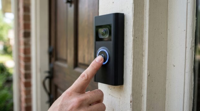 Person pressing a modern smart video doorbell button at front door