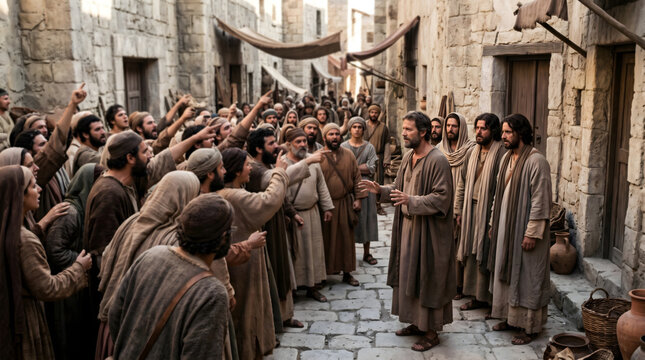 Crowd of ancient people confronting apostle in city street, Religious conflict and persecution scene from biblical times, Historical reenactment of disagreement between men and women 