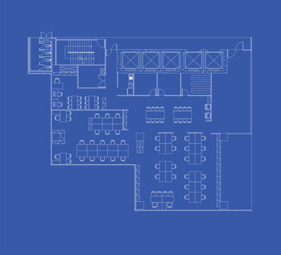 Office Furniture Layout Plan Blueprint with Open Workspace, Elevator Hall, Restrooms and Printing Area