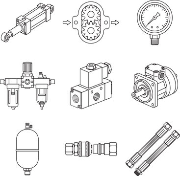 Industrial Hydraulics Pneumatic Components Icon Set