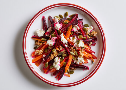 Shredded Beet and Carrot Salad with Feta and Nuts.