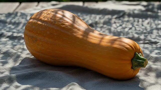 A butternut squash lying on a textured cloth outdoors with dappled sunlight