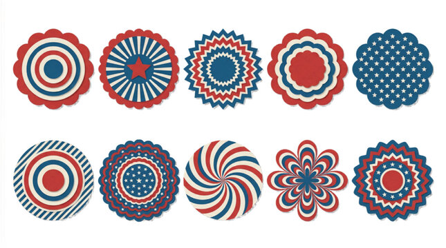 Patriotic rosette badges in red white and blue, set of 10 circular Fourth of July labels, American flag style decorative medallions and seals