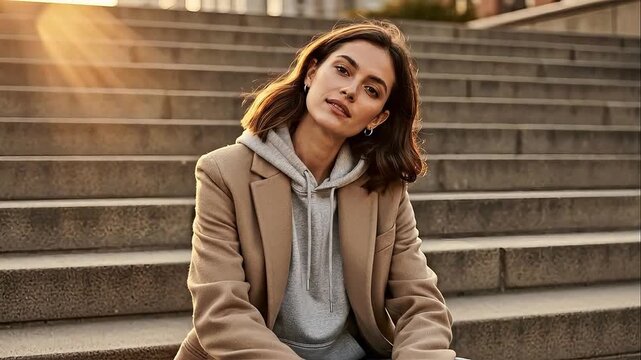 Young woman in casual fashion sits on outdoor steps in golden hour sunlight.