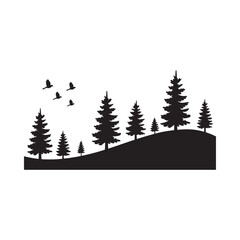 Obraz premium Forest Silhouette With Flying Birds Against White Background
