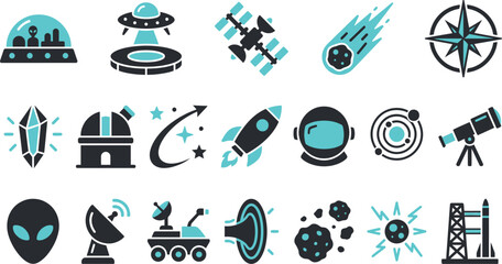 Modern vector illustration set featuring various space icons designed with bold black and teal colors © Septarim