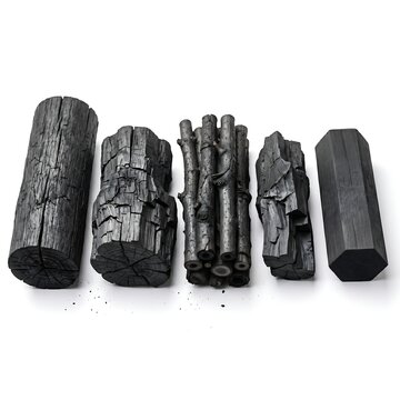 Natural charcoal pieces set on isolated white background