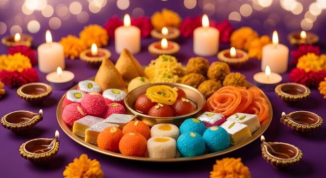 Diwali sweets and candles a vibrant indian festival celebration with traditional mithai and diyas