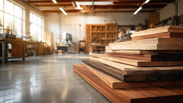Premium Hardwood Lumber Boards Stacked in Professional Woodworking Workshop Interior