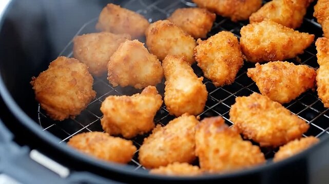 Crispy fried chicken nuggets cooking in an air fryer basket