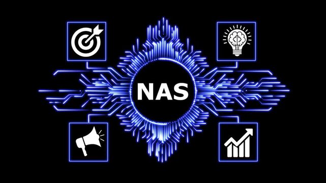 Abstract NAS server icon with electronic circuit and business symbols motion background.