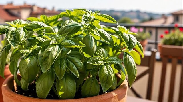 Fresh basil plant growing in a terracotta pot on a balcony terrace.