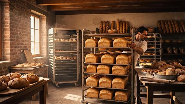 A baker works in a traditional bakery filled with fresh loaves of bread.