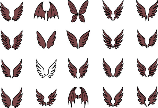 Fantasy Wings Vector Icon Set Featuring Diverse Cartoon Angel Feathers Devil Bat Wings and Insect Butterfly Shapes for Tattoo and Gaming Designs