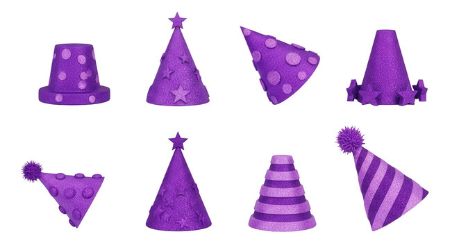 assorted purple party hats isolated on white various designs celebration visuals