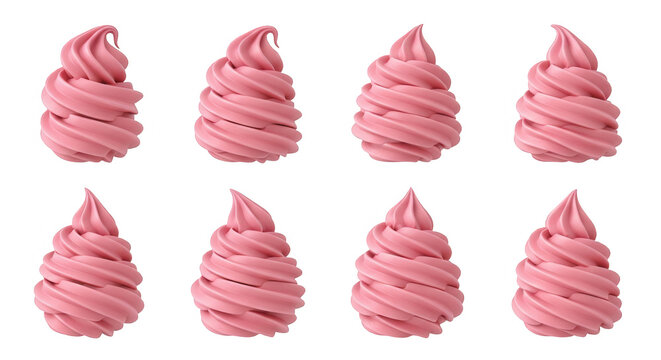 eight soft serve ice cream swirls of pink strawberry flavor against a plain white backdrop dessert treat menus or marketing