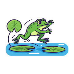 Fototapeta premium Happy cartoon frog jumping between lily pads on water