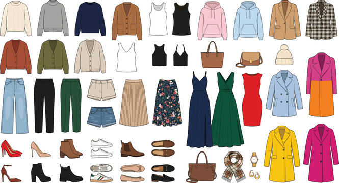 Flat lay illustration of women capsule wardrobe collection with diverse seasonal clothing items shoes and fashion accessories on blue background