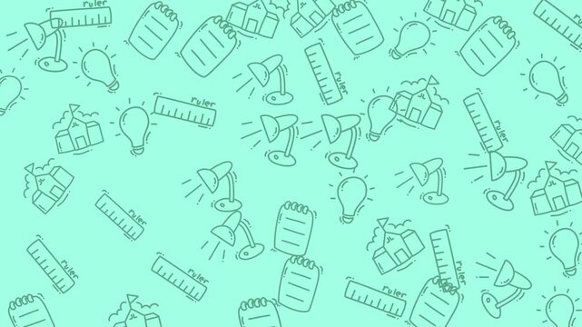 Schoolthemed doodles on a light green background suitable for educational projects, stationery designs, childrens books, and teaching materials.