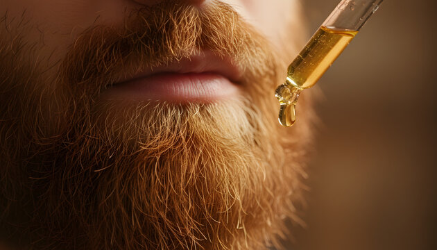 Close-up of a man applying nourishing golden oil to his red beard using a glass dropper for daily grooming and skin care routine.