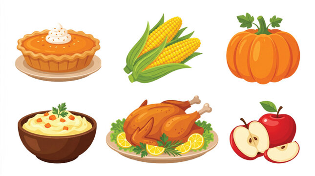 Thanksgiving food icons set, traditional autumn dinner elements, roasted turkey and pumpkin pie vector illustrations, harvest festival meal graphics