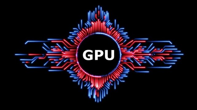 Abstract futuristic gpu microchip concept with blue and red neon light lines.