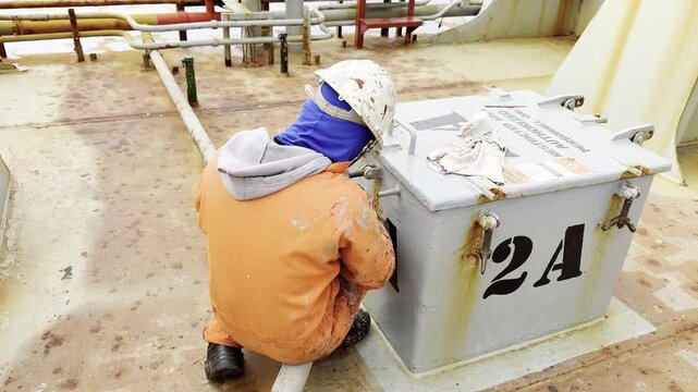 seafarer greasing thread of manhole of ship cargo hold entrance