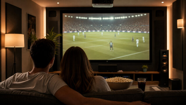 Home theater sports night with couple watching match on large screen