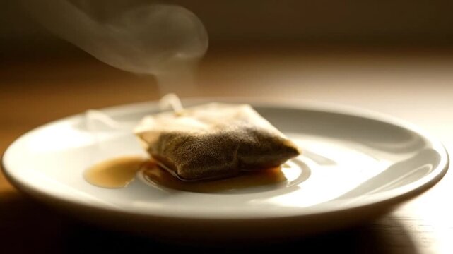 Tea Bag Steeping in Hot Tea Cup. 4K Video